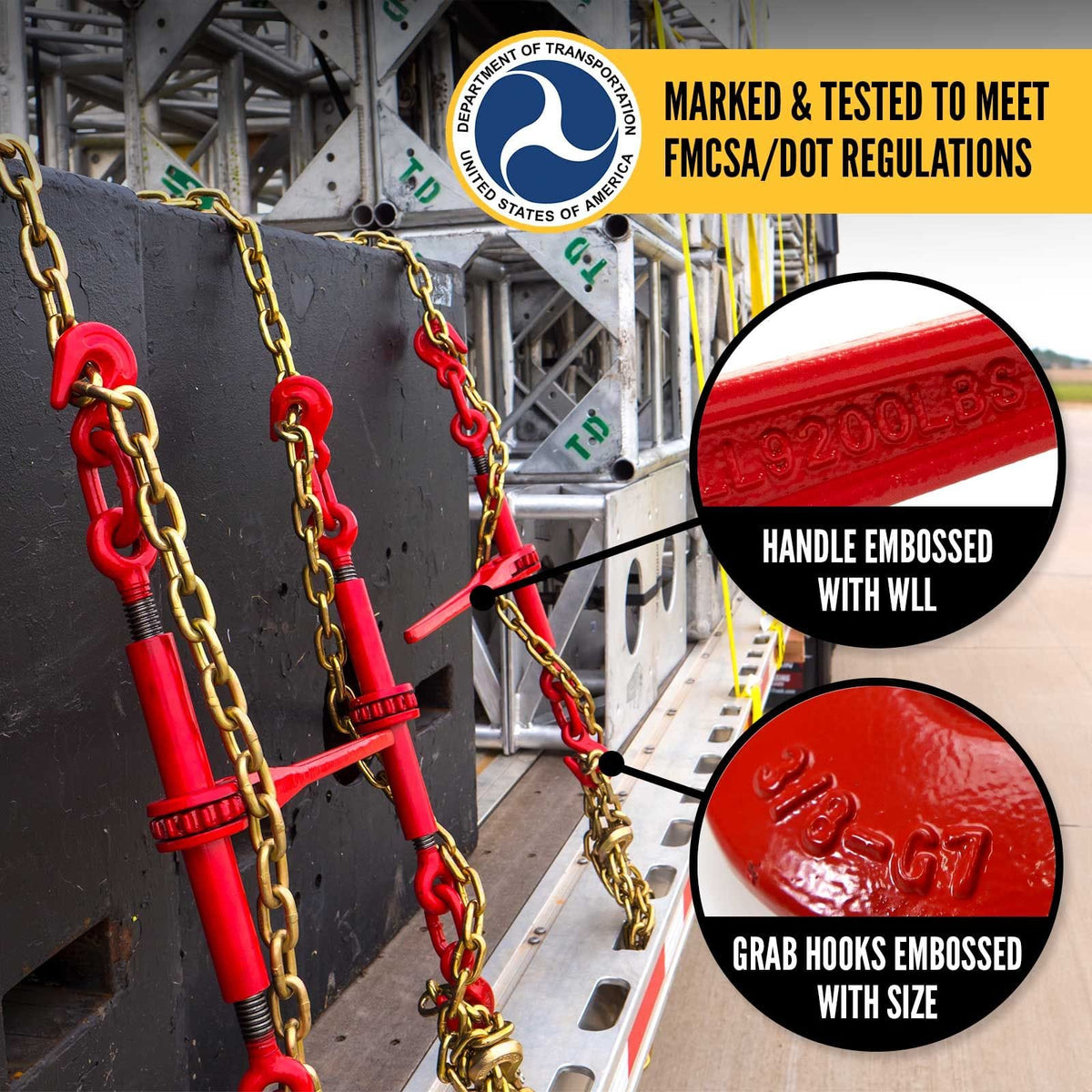 Infographic showing red ratchet binders securing gold transport chains on a flatbed trailer, highlighting FMCSA and DOT compliance and embossed 9,200 lbs working load limit details.