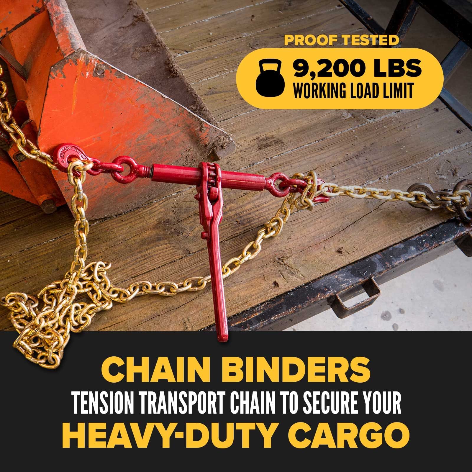 The red 3/8 inch ratchet binder tensioning a gold transport chain to secure a heavy equipment bucket, prominently displaying the 9,200 lbs proof-tested working load limit.