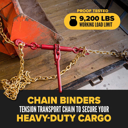 The red 3/8 inch ratchet binder tensioning a gold transport chain to secure a heavy equipment bucket, prominently displaying the 9,200 lbs proof-tested working load limit.