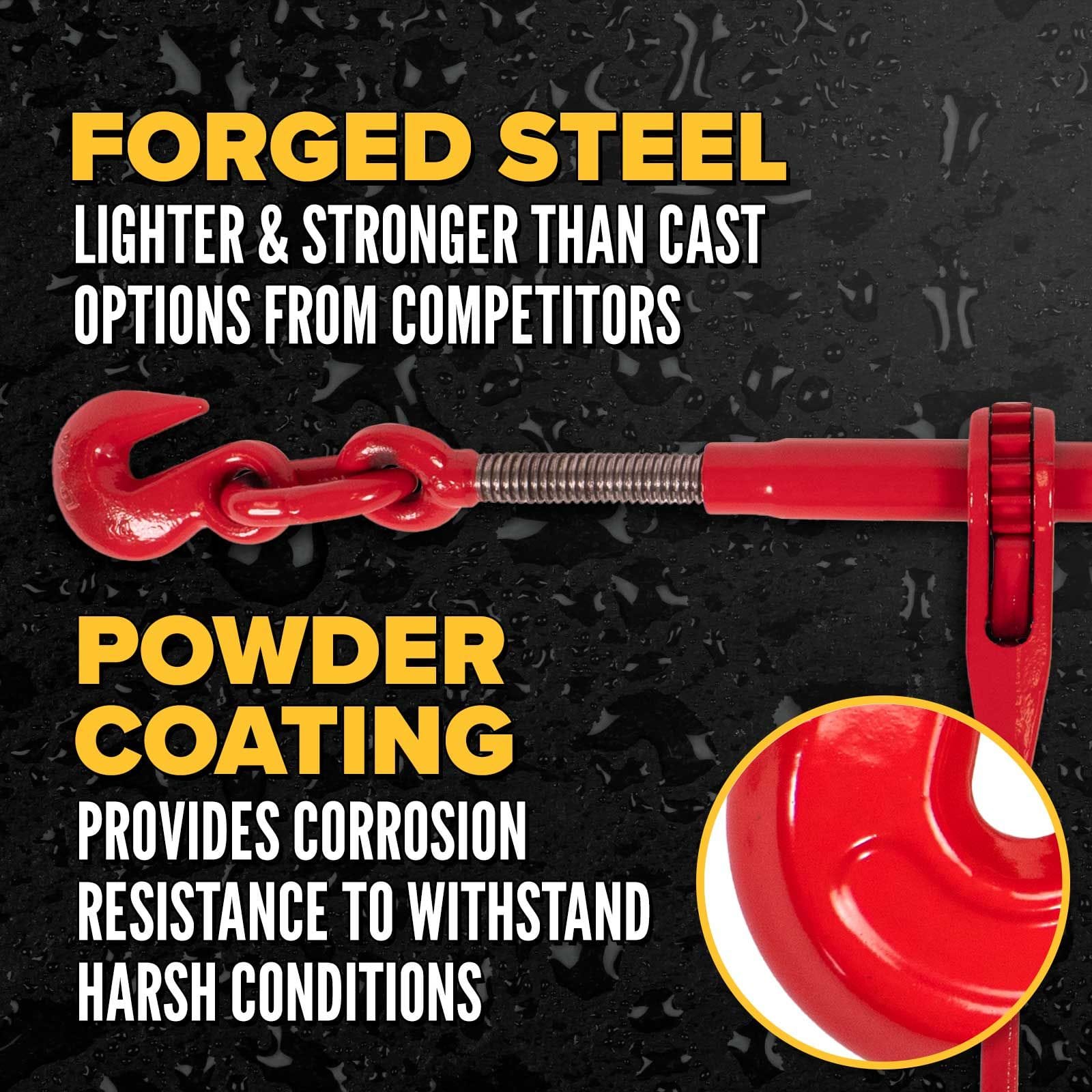 Close-up of the red forged steel ratchet binder body and screw threads, emphasizing that it is lighter and stronger than cast options with a corrosion-resistant powder coating.