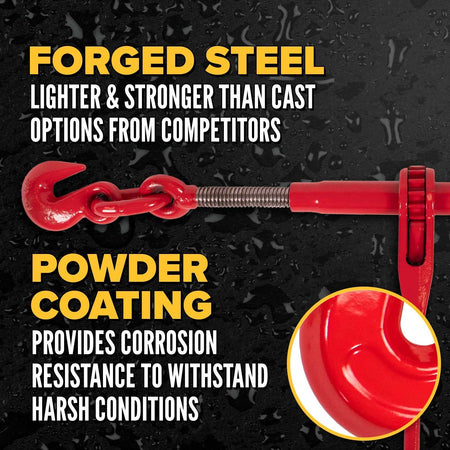 Close-up of the red forged steel ratchet binder body and screw threads, emphasizing that it is lighter and stronger than cast options with a corrosion-resistant powder coating.