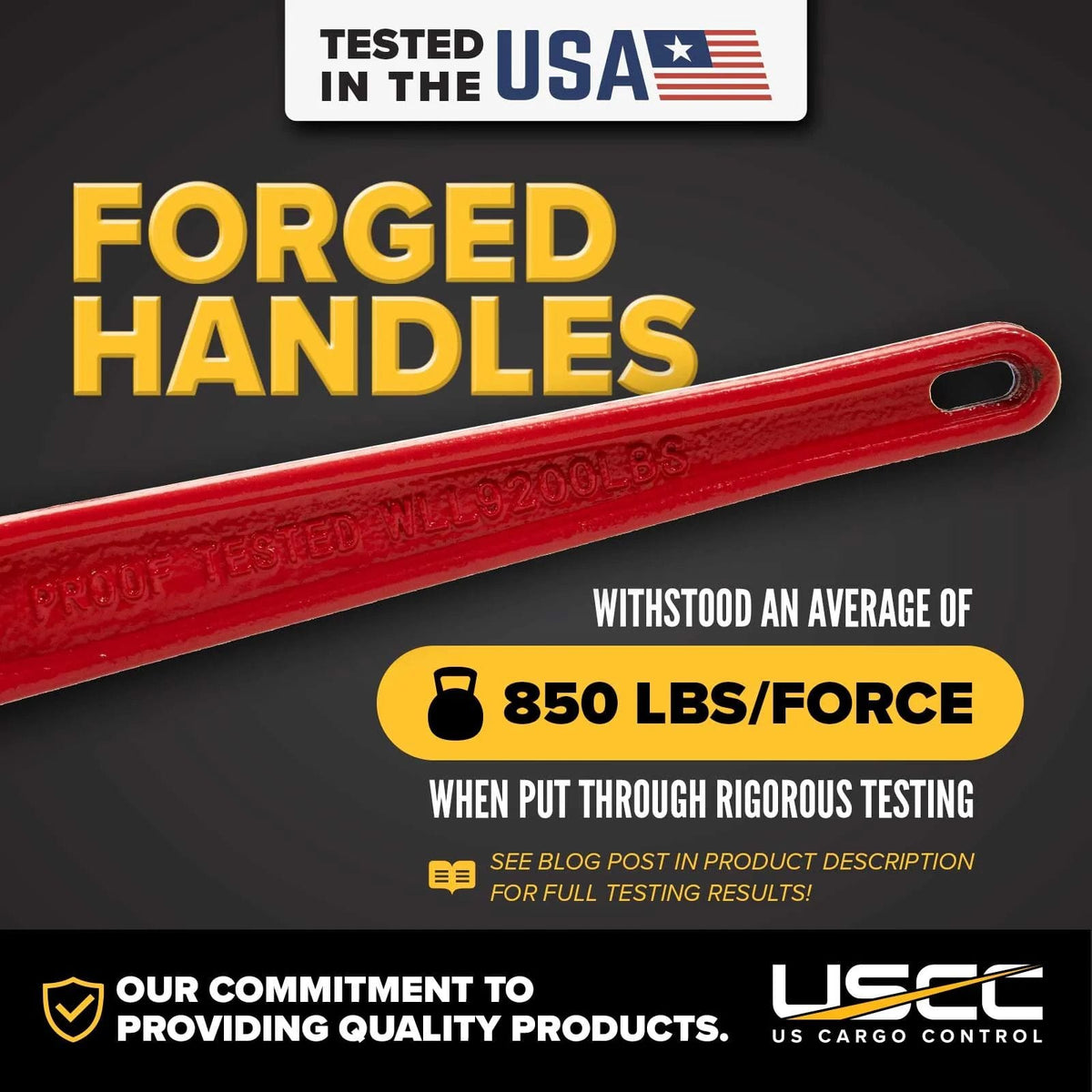 Close-up of the red forged handle tested in the USA, showing the embossed proof test and WLL specifications, noting it withstood an average of 850 lbs of force during testing.