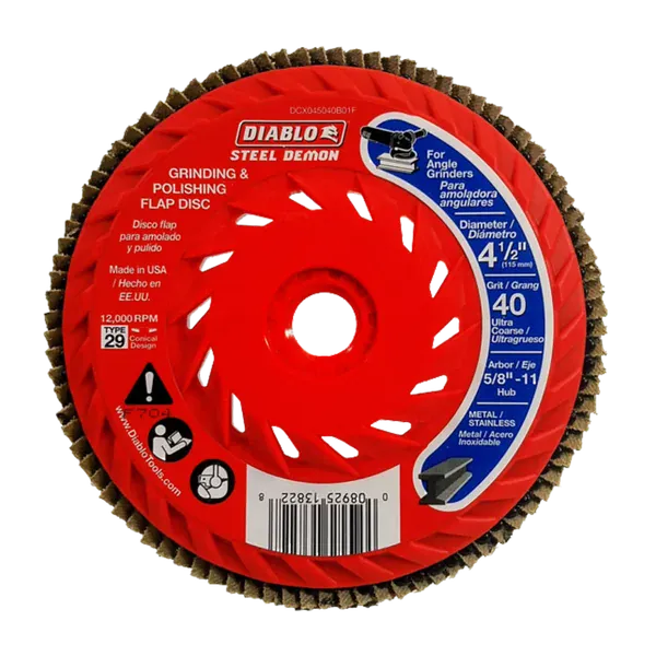 A Diablo Steel Demon 4 1/2 inch grinding and polishing flap disc with brown abrasive bristles, featuring a red plastic hub with white, blue, and black printed text and graphics.