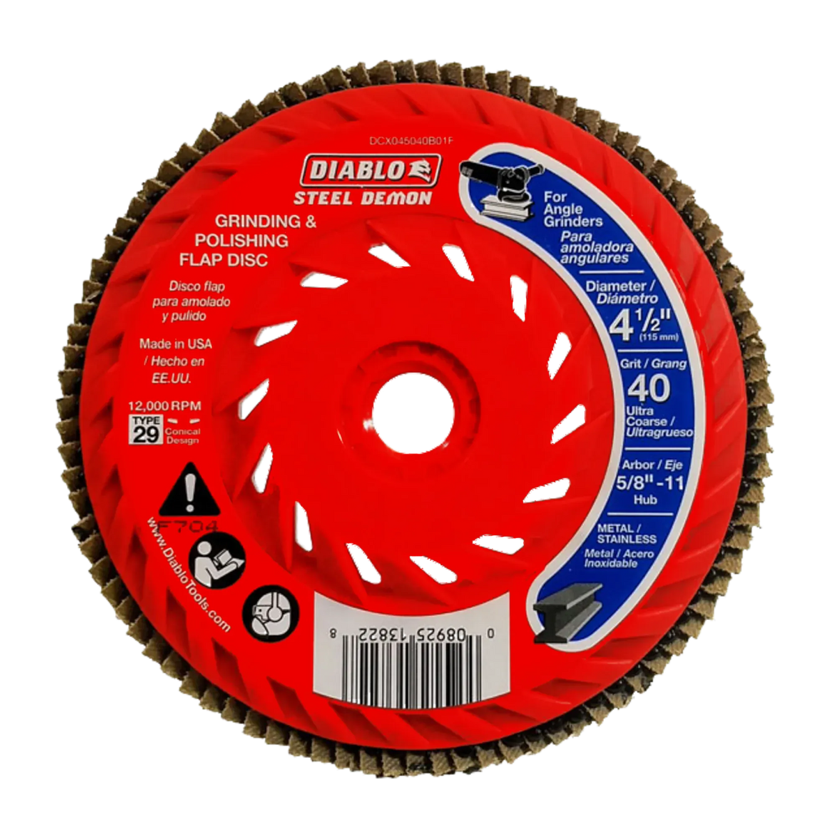 A Diablo Steel Demon 4 1/2 inch grinding and polishing flap disc with brown abrasive teeth and a red plastic core, shown on a white background.
