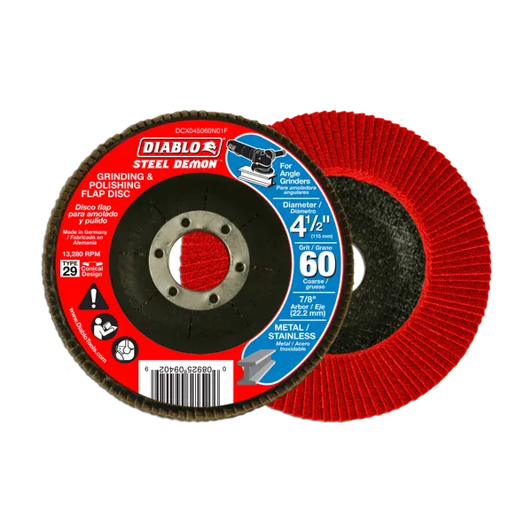Two Diablo Steel Demon angle grinders shown overlapping on a white background, one showing the black abrasive flap disc and the other showing the red abrasive flap disc with product labeling.