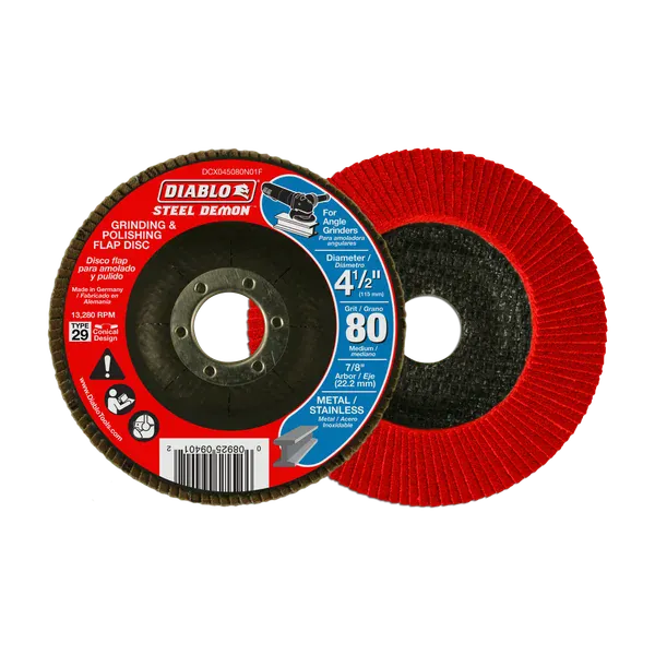 Two Diablo Steel Demon grinding flap discs, one showing the red abrasive side and the other showing the black backing with a blue and white product information label, on a white background.