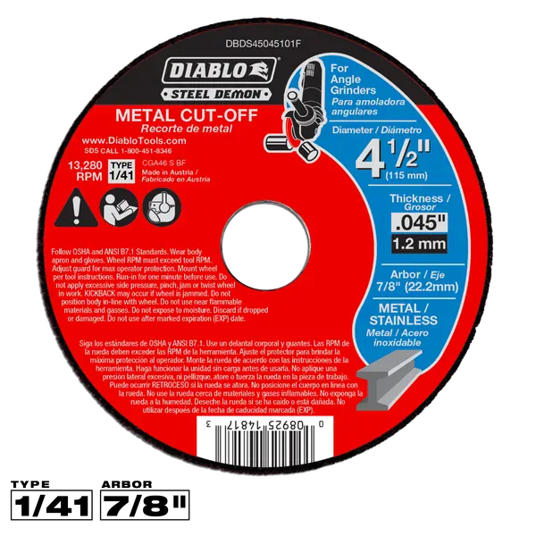A circular Diablo Steel Demon metal cut-off wheel, 4 1/2 inches in diameter, with a red, black, and blue design. The product features the Diablo brand logo, specifications, and safety icons printed on its surface.