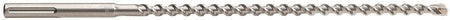 This is a horizontal image of a long, metallic gray drill bit or auger, designed for heavy-duty drilling. It features a continuous, prominent spiral flute running along most of its length, ending in a cylindrical shank on the left and a blunted, multi-faceted tip on the far right.