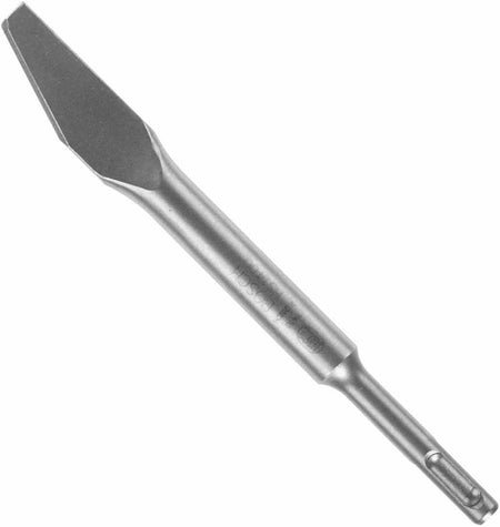 This image displays a single, light gray pointed chisel bit, angled diagonally from the upper left to the lower right. The upper left features a sharp, pointed tip, while the tool tapers to a narrower shank with grooves at the lower right for tool attachment.