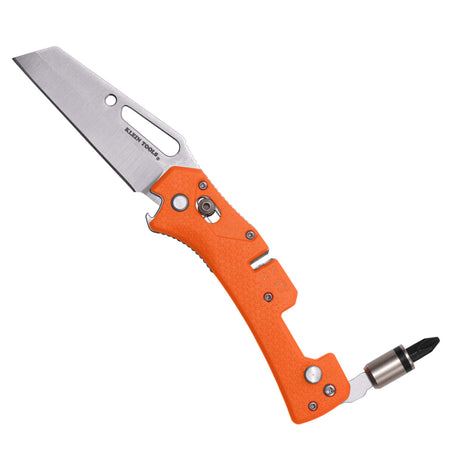 An orange and silver folding pocket knife with a built-in screwdriver bit, shown open on a solid white background.