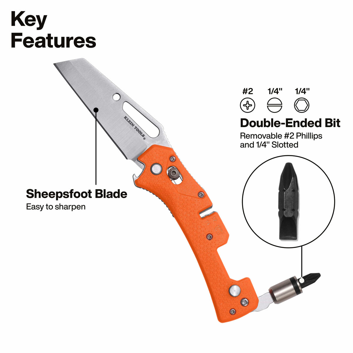 An orange and silver folding knife with text callouts describing key features, including a sheepfoot blade, double-ended bit, and bit sizes, on a white background.