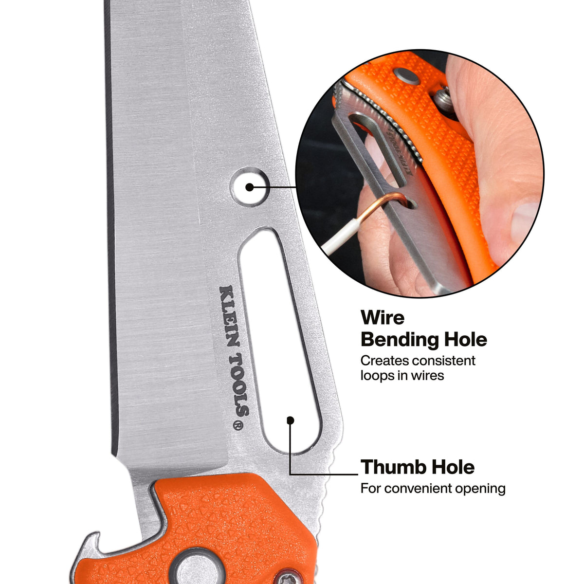 Close-up of a folding knife blade with labeled holes: a Wire Bending Hole and a Thumb Hole, plus an inset showing a hand using the wire bending feature. Brand text 'KLEIN TOOLS' is visible on the blade.