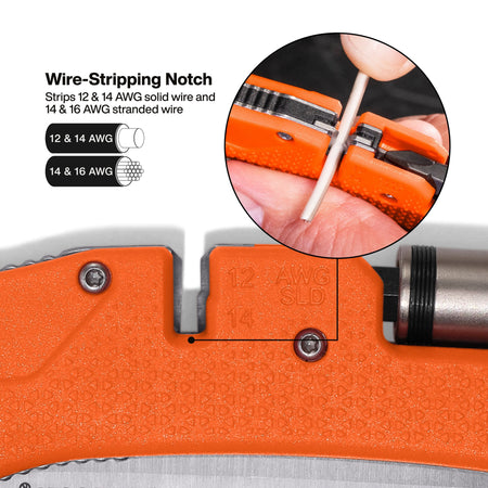 Close-up of an orange wire stripper tool with a labeled notch area showing 12 and 14 AWG wire, plus a circular inset demonstrating the wire-stripping action with fingers visible.