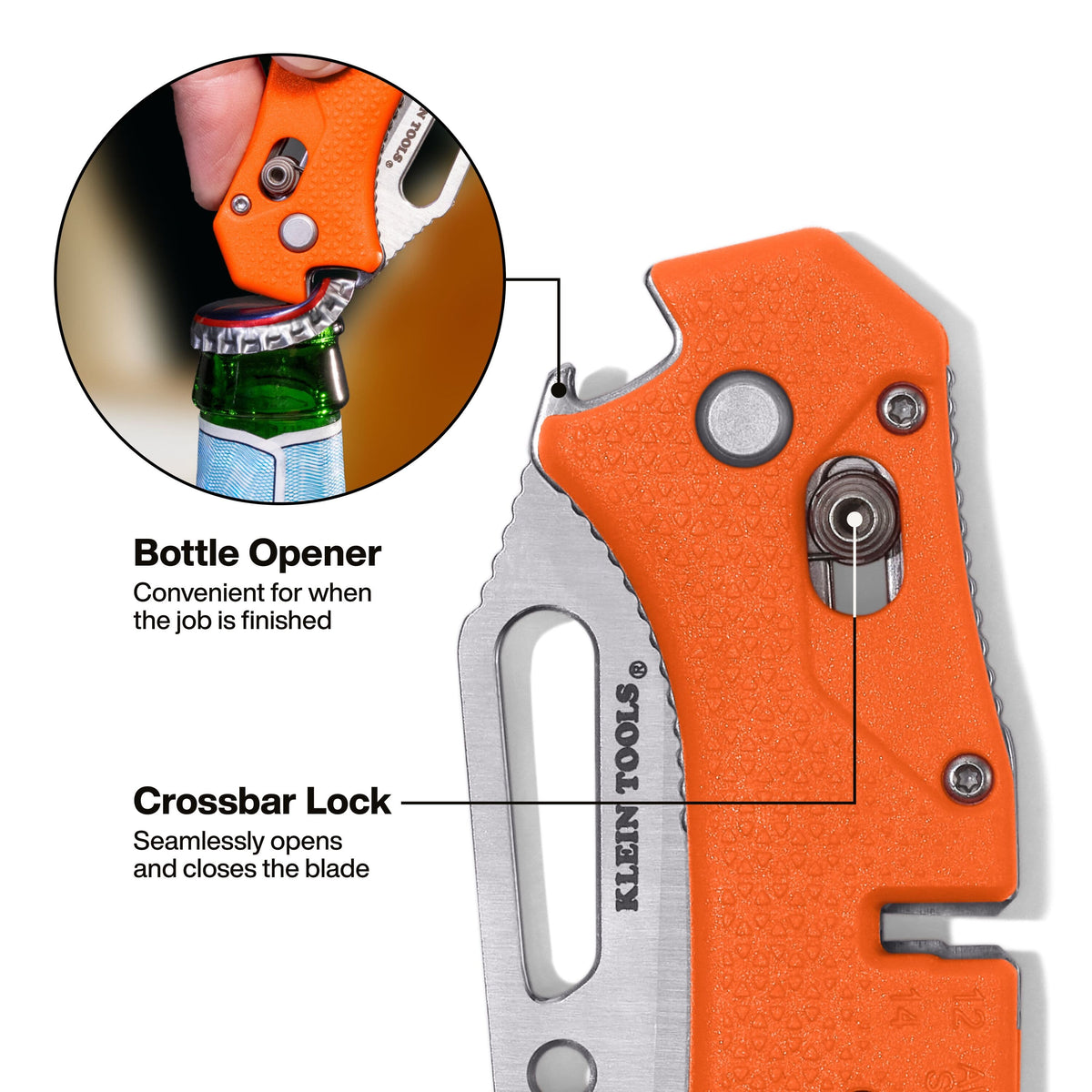 An orange and silver folding pocket knife shown on a white background with callout labels and a circular inset demonstrating use. The text identifies features: 'Bottle Opener' and 'Crossbar Lock.