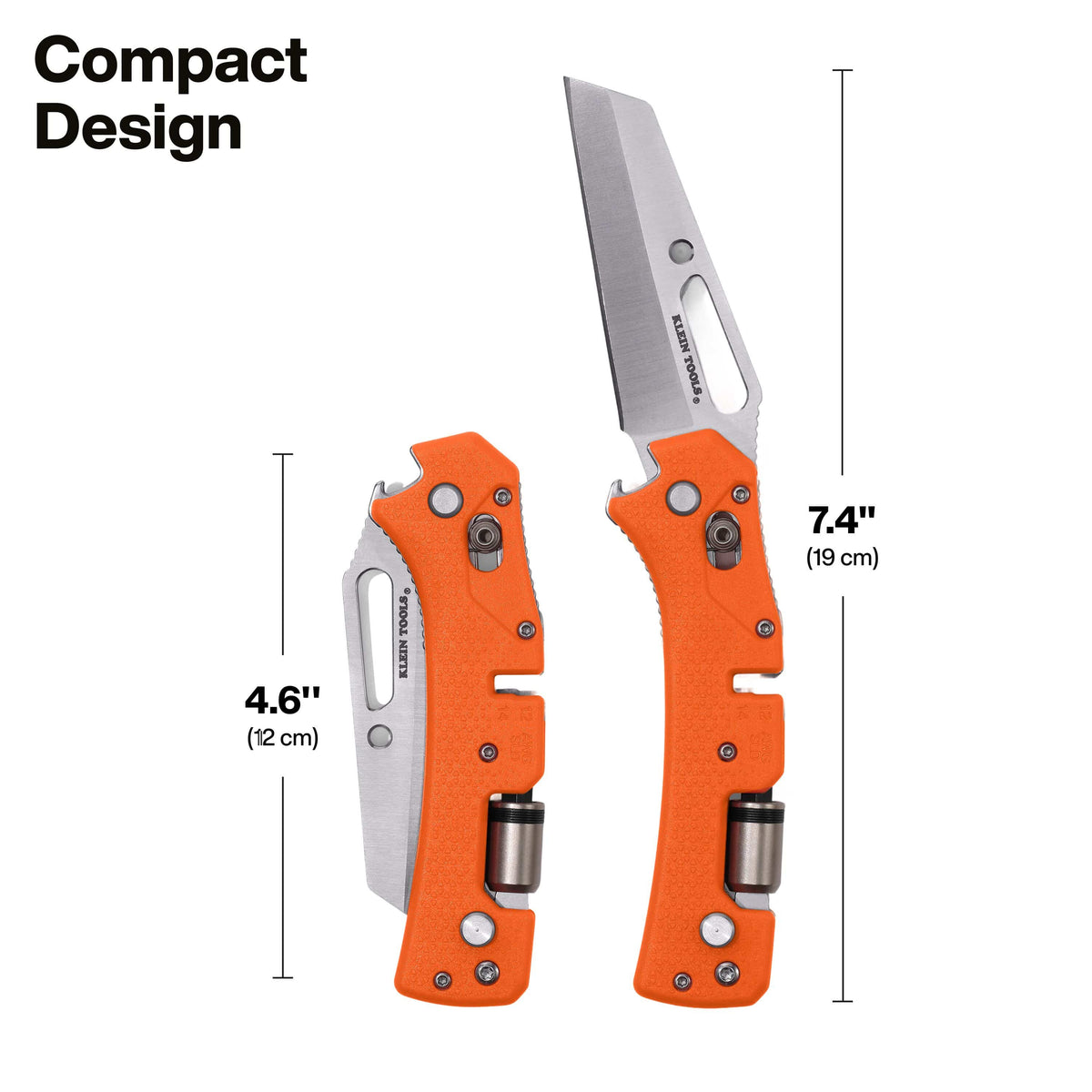 An orange folding pocket knife shown open and closed with dimension lines and text indicating compact design, 4.6 inches (12 cm) folded and 7.