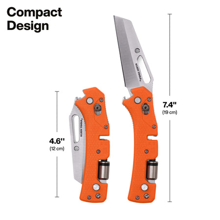 An orange folding pocket knife shown open and closed with dimension lines and text indicating compact design, 4.6 inches (12 cm) folded and 7.