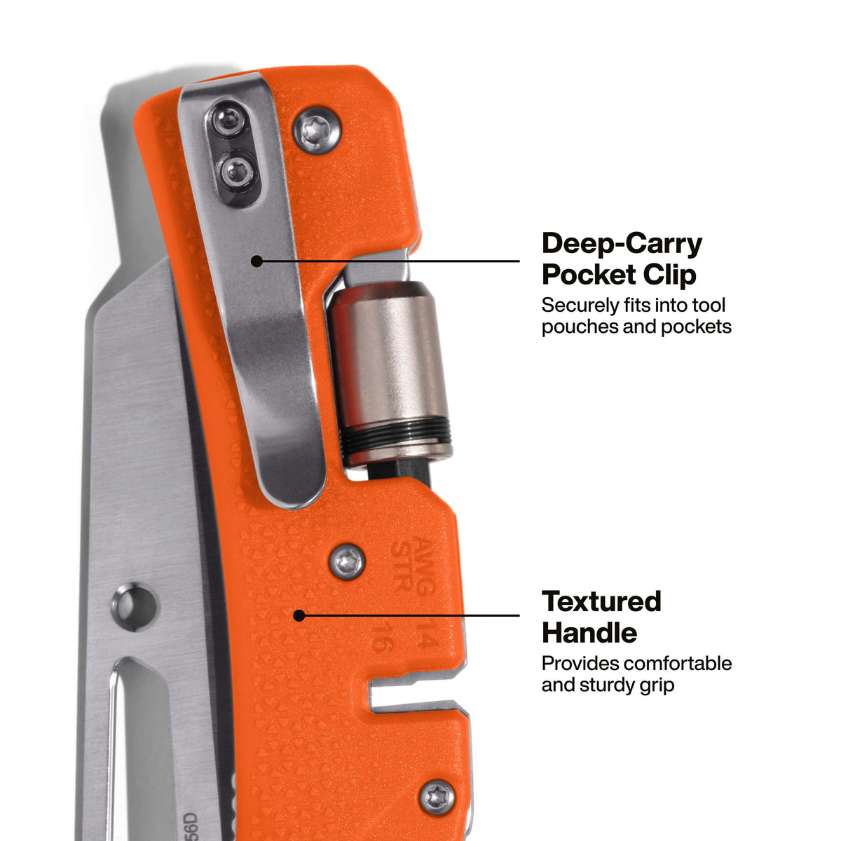 Close-up of an orange folding knife handle with silver metal clip and tools, overlaid with callout text highlighting the deep-carry pocket clip and textured handle.