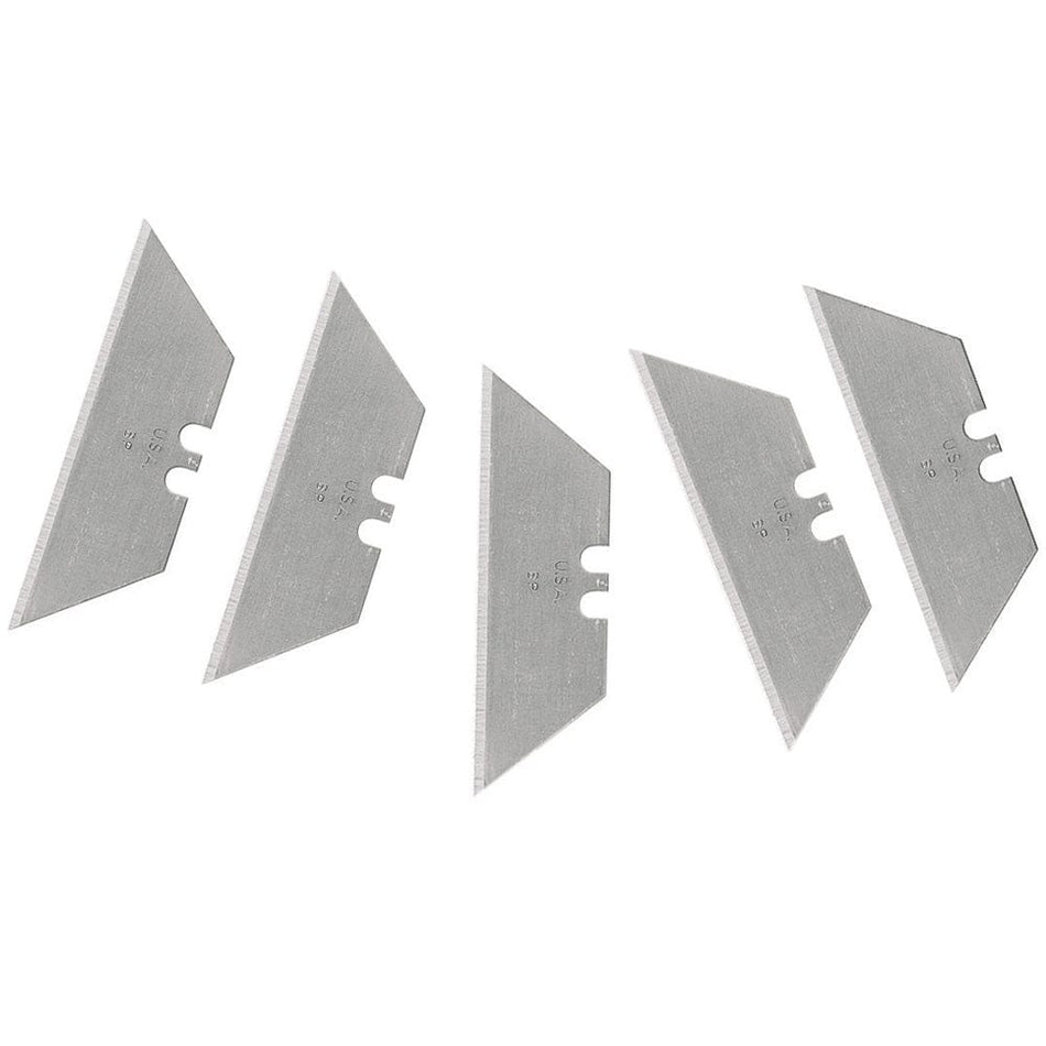 The image shows five flat, rectangular metal blades arranged in a row against a white background. Each blade is angled slightly and has a small rectangular cutout near its center. The blades have a metallic sheen, suggesting they are made of steel or a similar material. The image is framed within a black border.