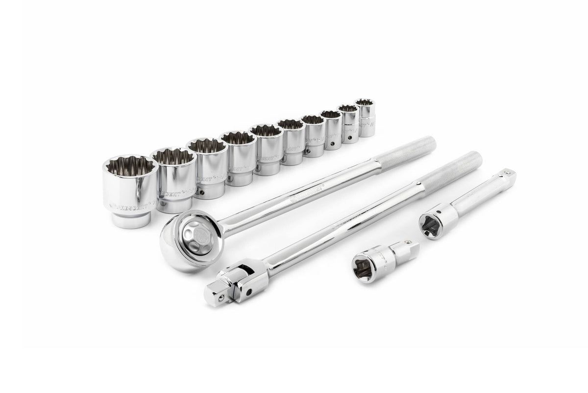 A professional, high-polish chrome mechanics ratchet and socket tool set laid out against a plain white background. All components are forged from mirror-polished steel.