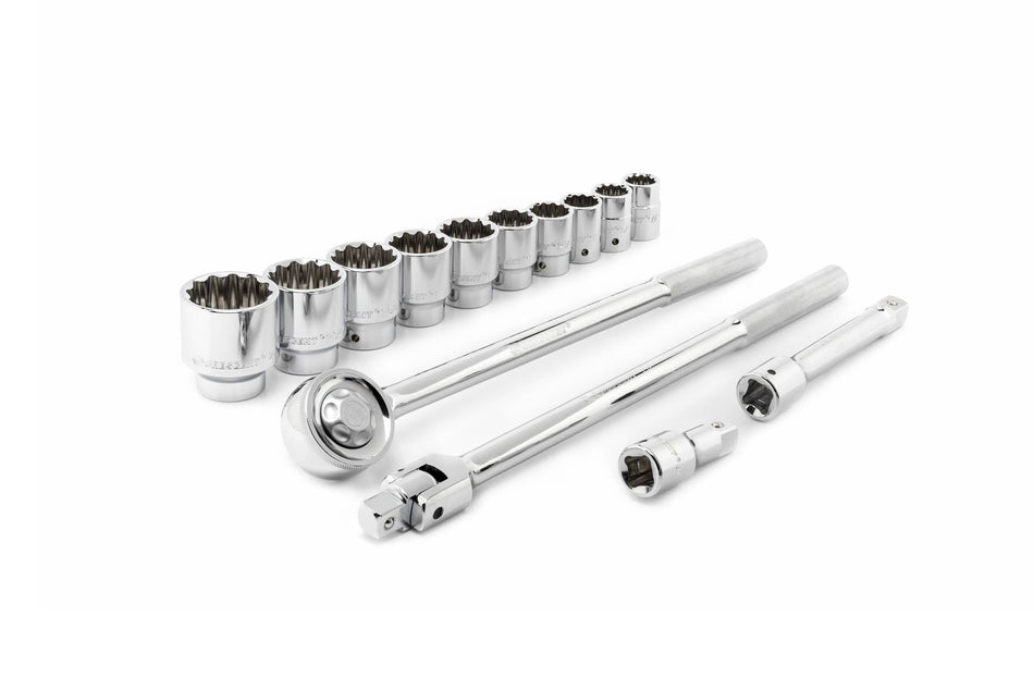 A professional, high-polish chrome mechanics ratchet and socket tool set laid out against a plain white background. All components are forged from mirror-polished steel.