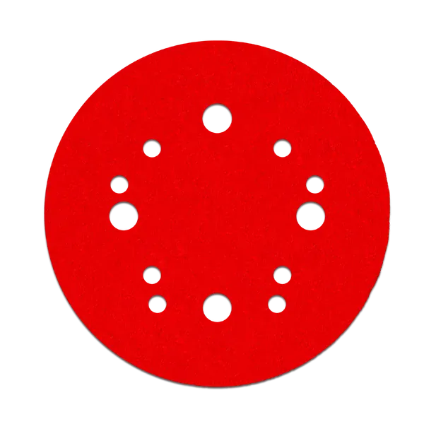 A bright red circular sanding disc with eight pre-drilled holes arranged in a circle, shown on a plain white background.