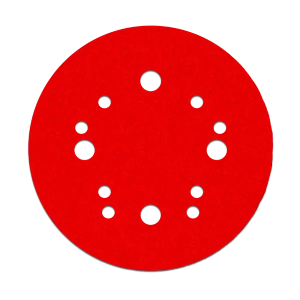 A bright red circular sanding disc with eight pre-drilled holes arranged in a circle, shown on a plain white background.
