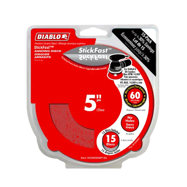 Diablo StickFast 5-inch blanking discs in a 15-pack, packaged in a clear plastic blister pack with a red and white cardboard backing.