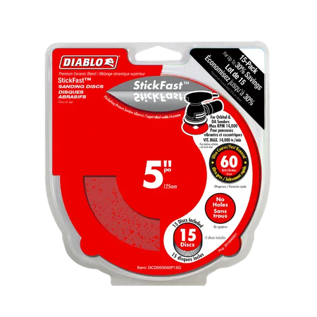 Diablo StickFast 5-inch blanking discs in a 15-pack, packaged in a clear plastic blister pack with a red and white cardboard backing.