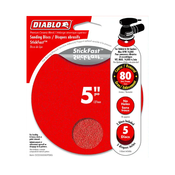 Packaged Diablo StickFast 5-inch sanding disc in red with a clear window showing the abrasive disc inside, on a white background.