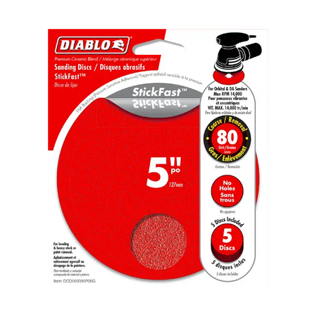 Packaged Diablo StickFast 5-inch sanding disc in red with a clear window showing the abrasive disc inside, on a white background.