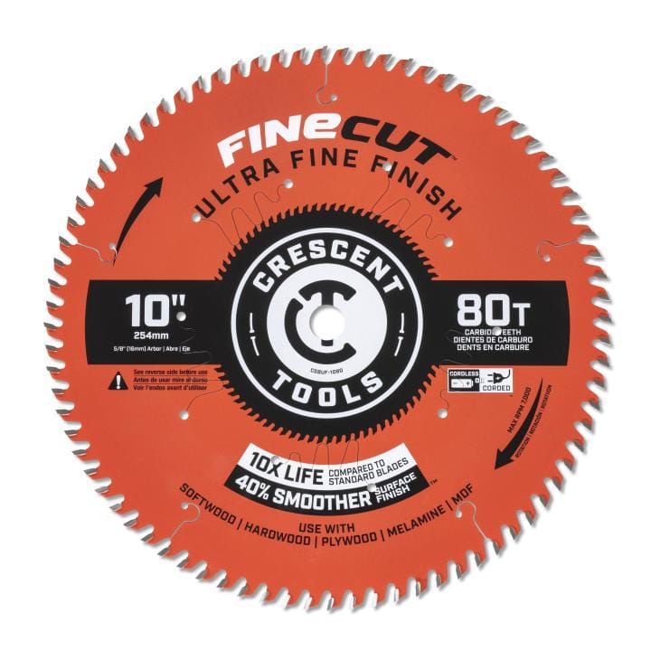 This is a new, unused 10-inch circular saw blade with a bright orange body and a black center. The blade has 80 sharp carbide teeth around its perimeter and features the "Crescent Tools" brand name and "Fine Cut" printed on its surface.
