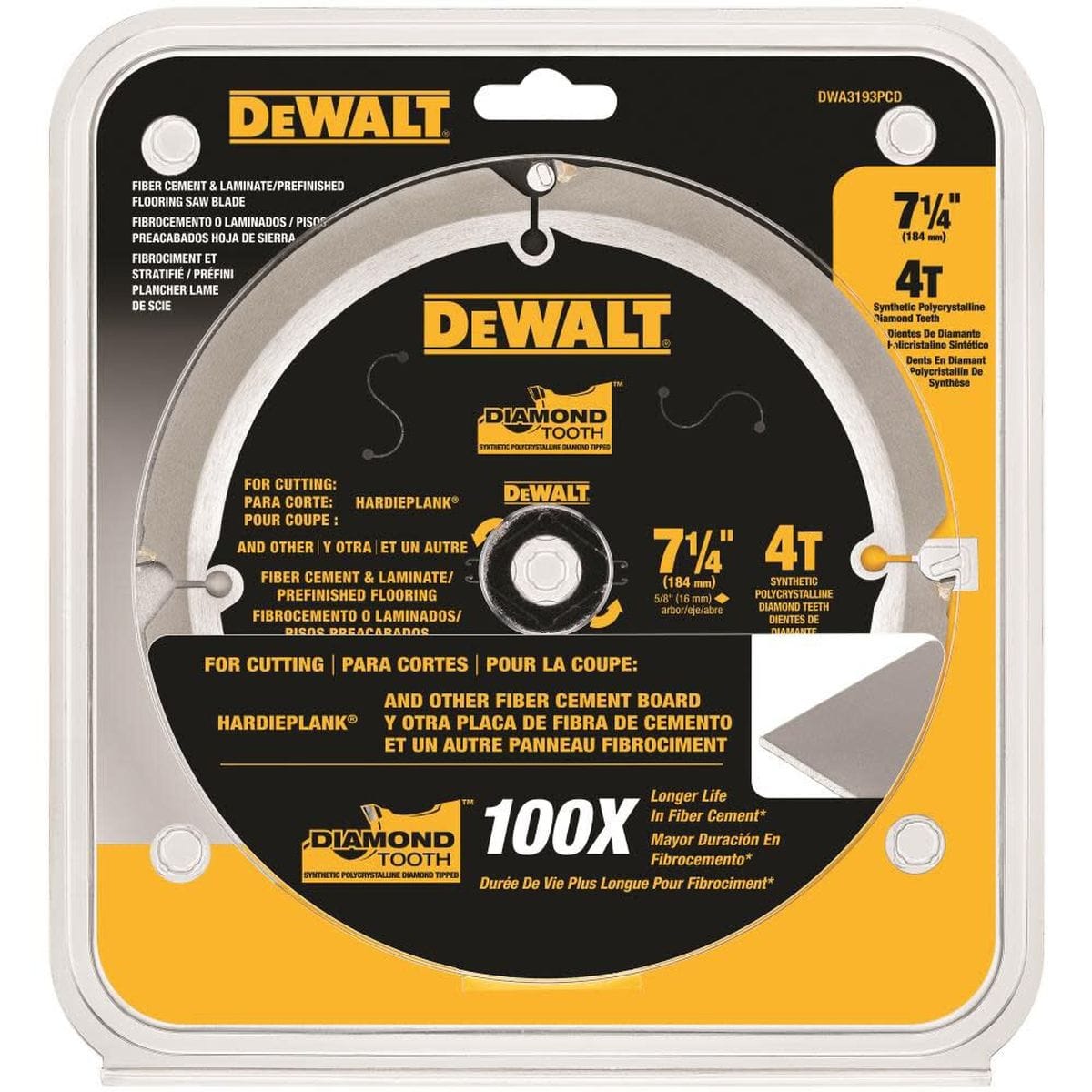 The retail blister packaging for the DEWALT DWA3193PCD 7-1/4 inch circular saw blade. The packaging highlights the 4-tooth design with synthetic polycrystalline diamond teeth, engineered for 100x longer life when cutting fiber cement board and laminate flooring.