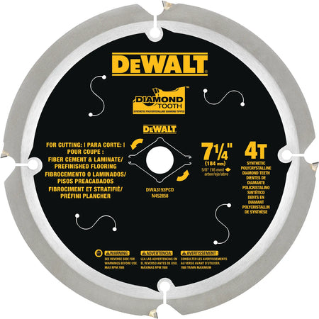 A top-down studio view of the DEWALT 7-1/4 inch 4-tooth PCD saw blade. The image displays the black blade body with yellow branding, the specialized 5/8-inch arbor hole with diamond knockout, and the four precision-placed polycrystalline diamond teeth designed for high-performance siding installation.