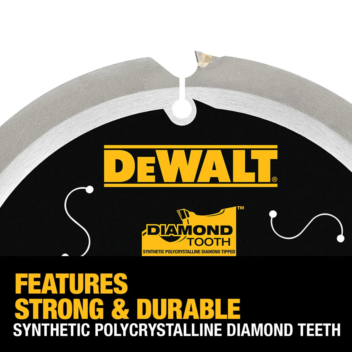 A detailed close-up shot of a single tooth on the DEWALT DWA3193PCD saw blade. The image focuses on the synthetic polycrystalline diamond tip, emphasizing the strong and durable construction required to maintain a sharp edge while cutting HardiePlank and fiber cement.