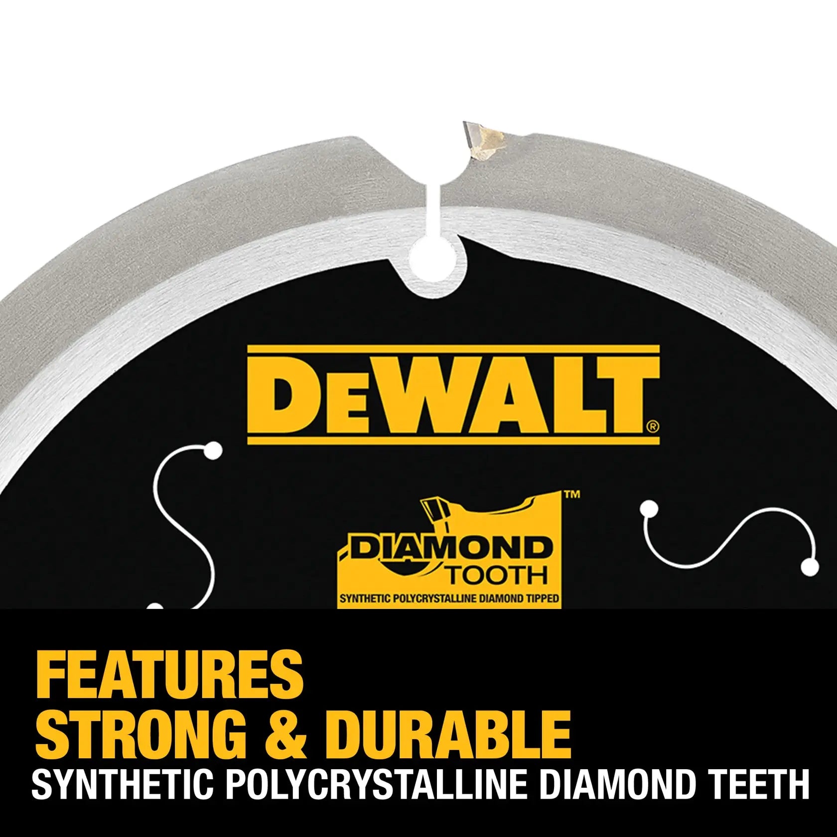 A detailed close-up shot of a single tooth on the DEWALT DWA3193PCD saw blade. The image focuses on the synthetic polycrystalline diamond tip, emphasizing the strong and durable construction required to maintain a sharp edge while cutting HardiePlank and fiber cement.