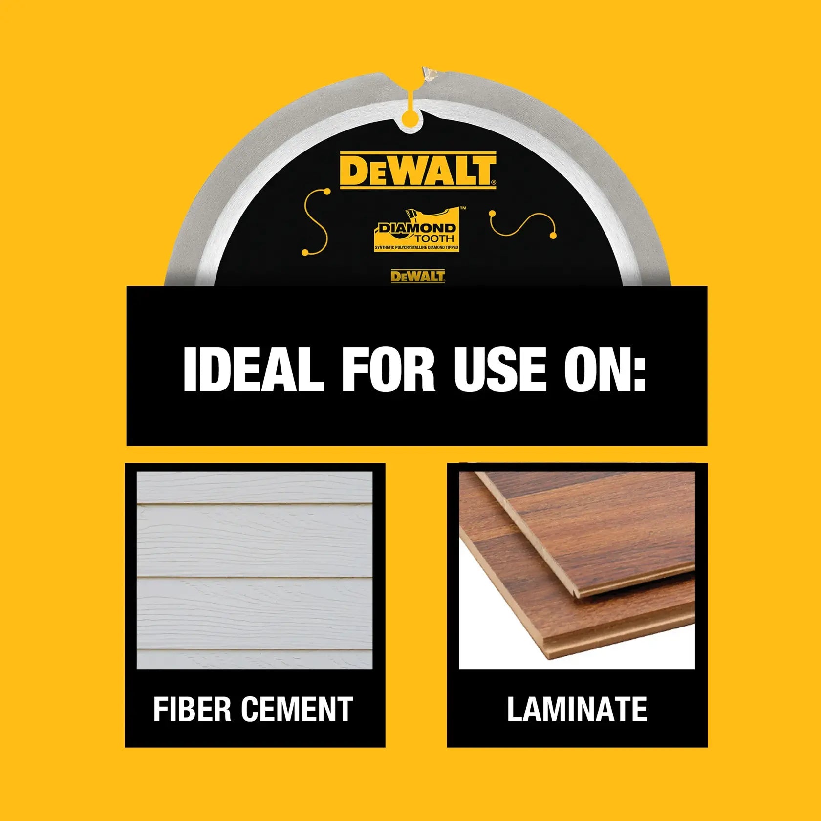 A marketing infographic illustrating the ideal applications for the DEWALT diamond-tipped saw blade. The graphic features two material samples, identifying fiber cement siding and laminate flooring as the primary recommended surfaces for this high-endurance 4-tooth blade.