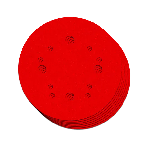 A stack of circular red abrasive sanding discs with pre-drilled holes around the perimeter, shown on a plain white background.