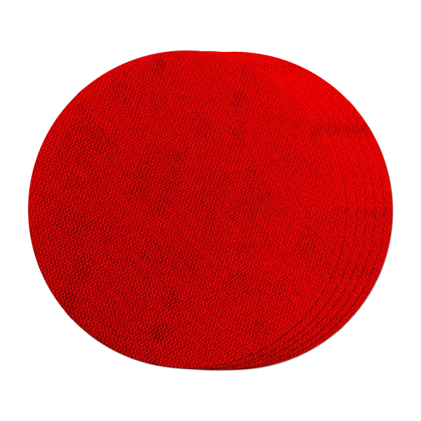 A bright red textured circular fabric patch or applique shown flat against a solid white background.