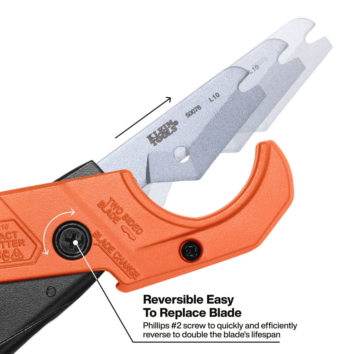Close-up of a black and orange utility knife with a silver blade, showing a text callout about replacing the blade and an arrow indicating the reversible screw adjustment.
