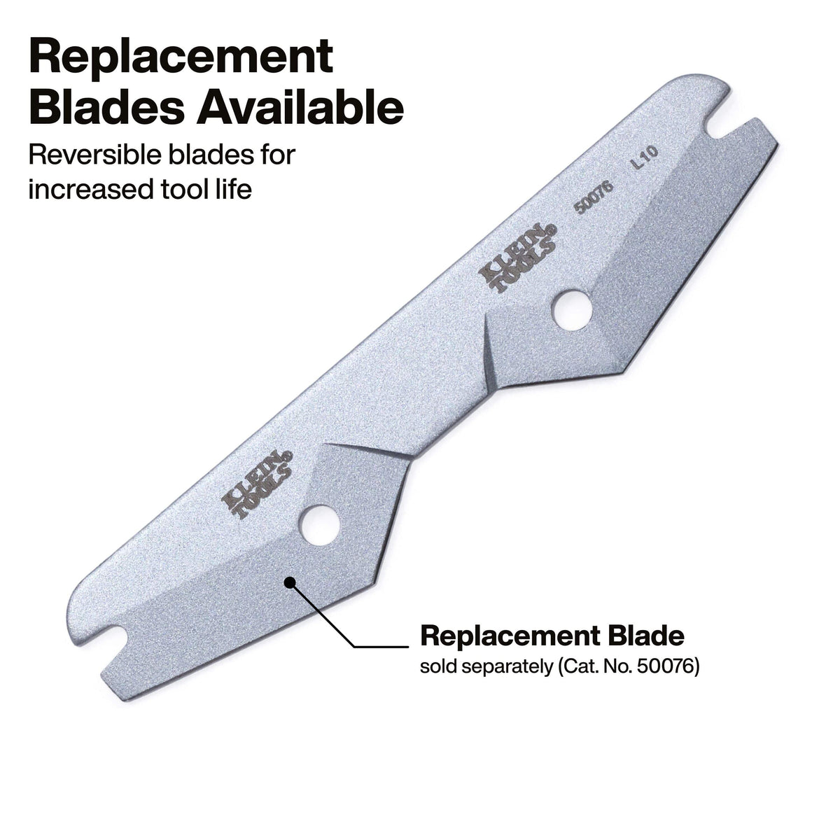 A silver metal replacement blade for a tool, shown on a white background with text reading 'Replacement Blades Available' and 'Replacement Blade sold separately (Cat. No.
