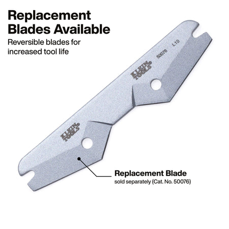 A silver metal replacement blade for a tool, shown on a white background with text reading 'Replacement Blades Available' and 'Replacement Blade sold separately (Cat. No.