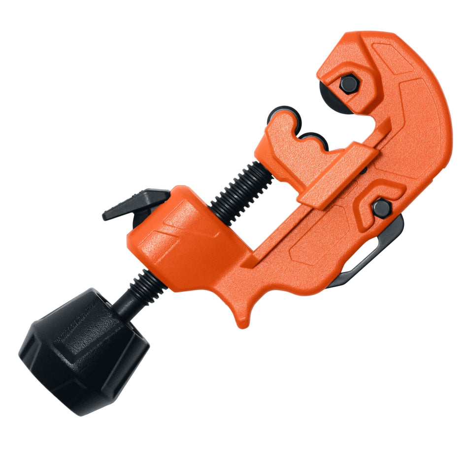 Compact orange tubing cutter with black cutting wheel, two support rollers, threaded screw, and large black adjustment knob