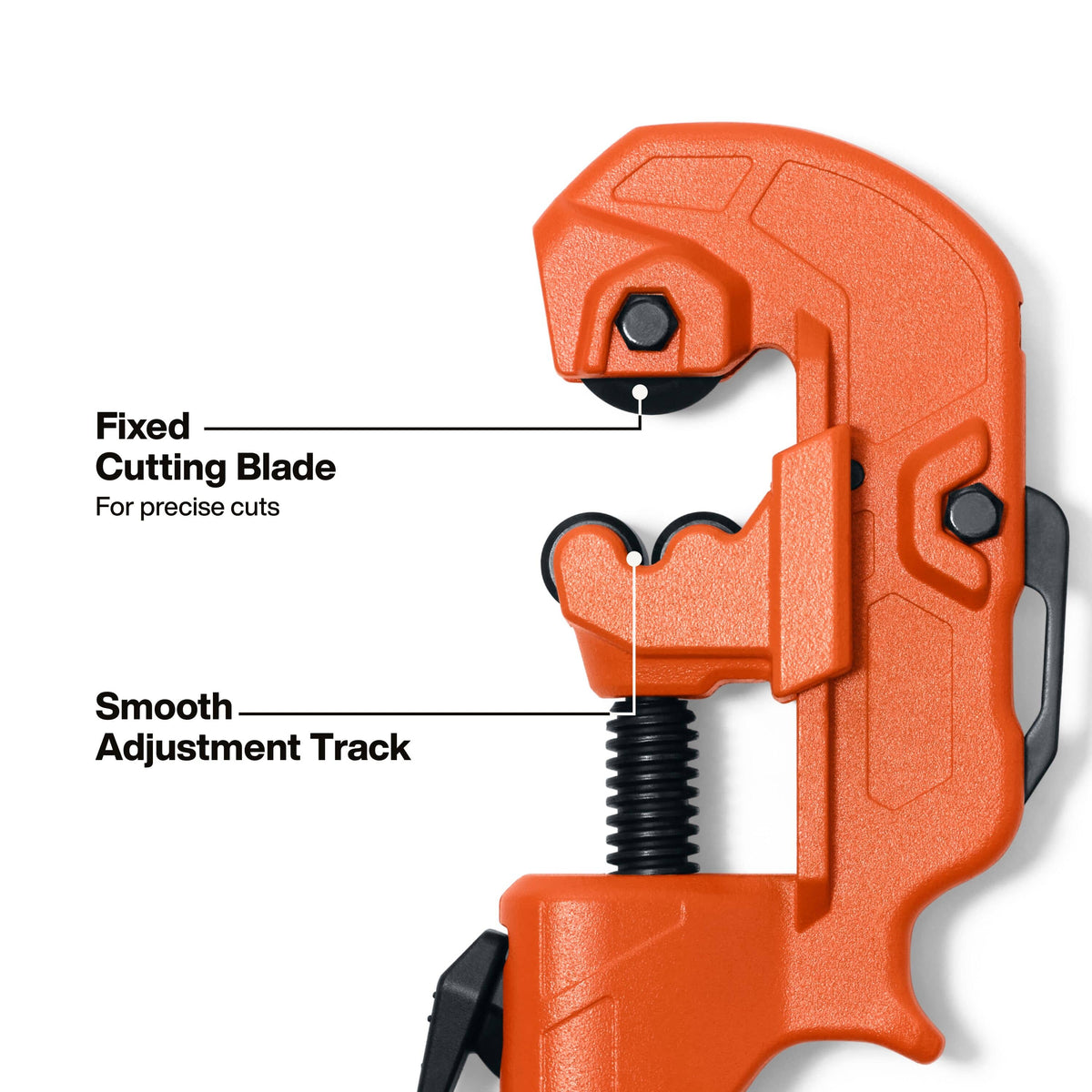 Close-up of an orange pipe cutter tool on a white background with callout text reading 'Fixed Cutting Blade For precise cuts' and 'Smooth Adjustment Track'.