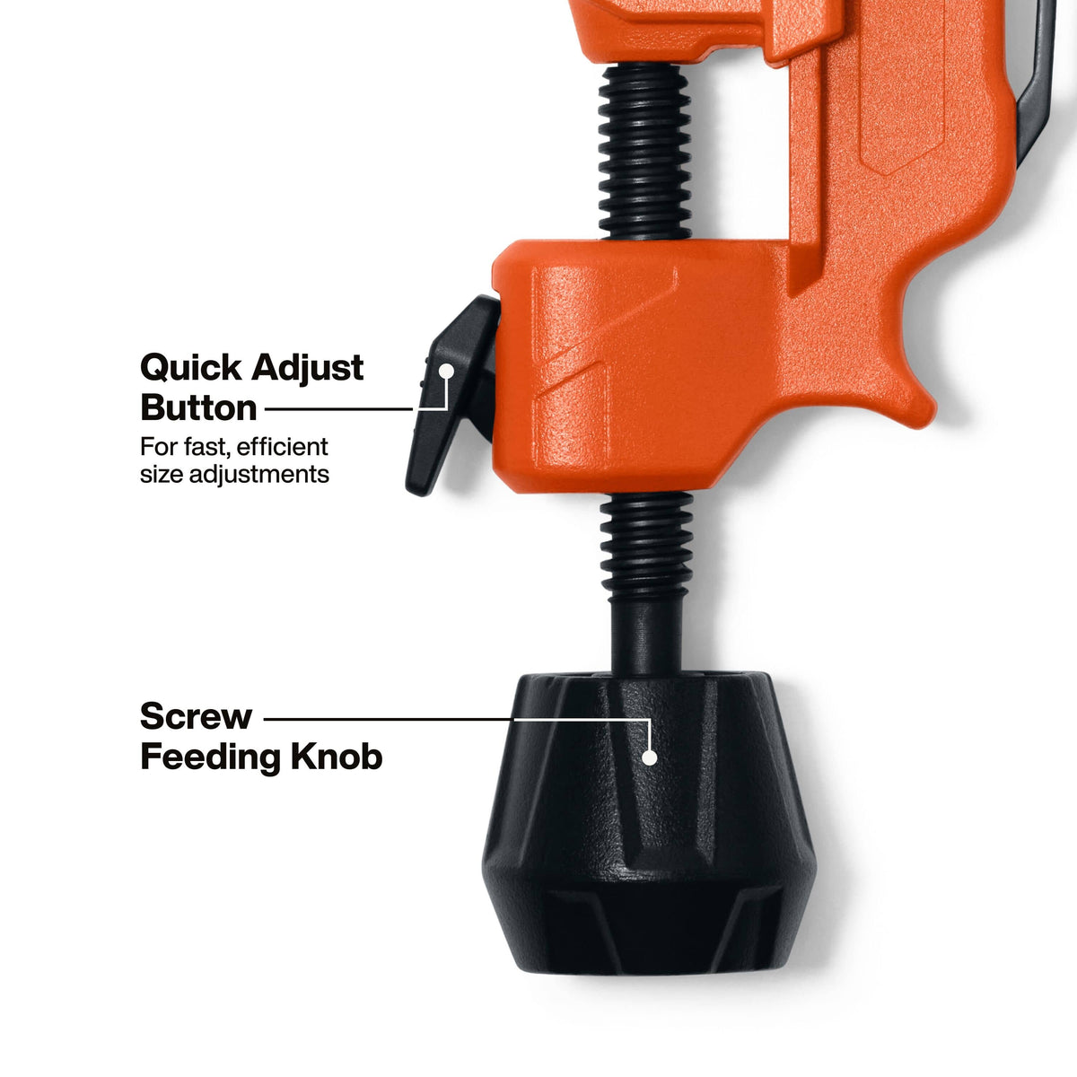 Close-up of an orange and black clamp-style tool with callout labels pointing to a Quick Adjust Button and Screw Feeding Knob on a white background.