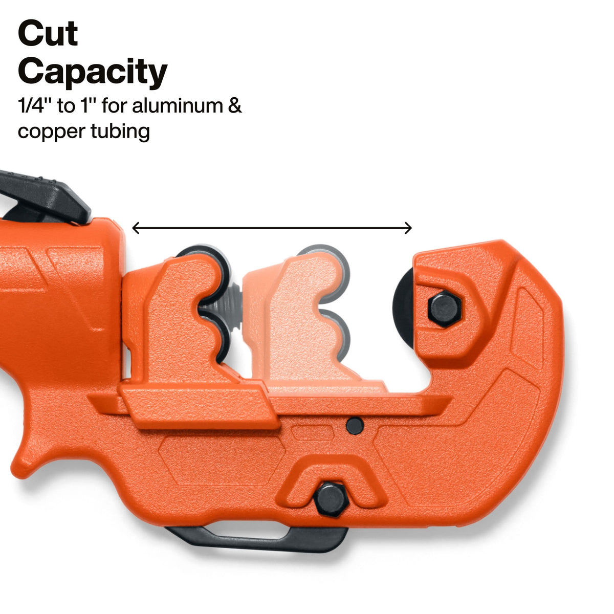 Close-up of an orange pipe cutter tool with black accents and a horizontal measurement arrow labeled 'Cut Capacity 1/4" to 1" for aluminum & copper tubing' on a white background.