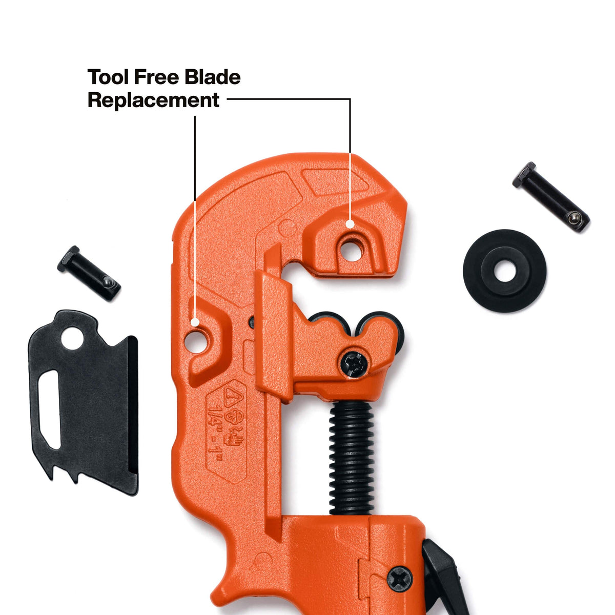 An orange pipe cutter with a tool-free blade replacement shown disassembled on a white background, with labels pointing to the black replacement blade, screws, and washer.
