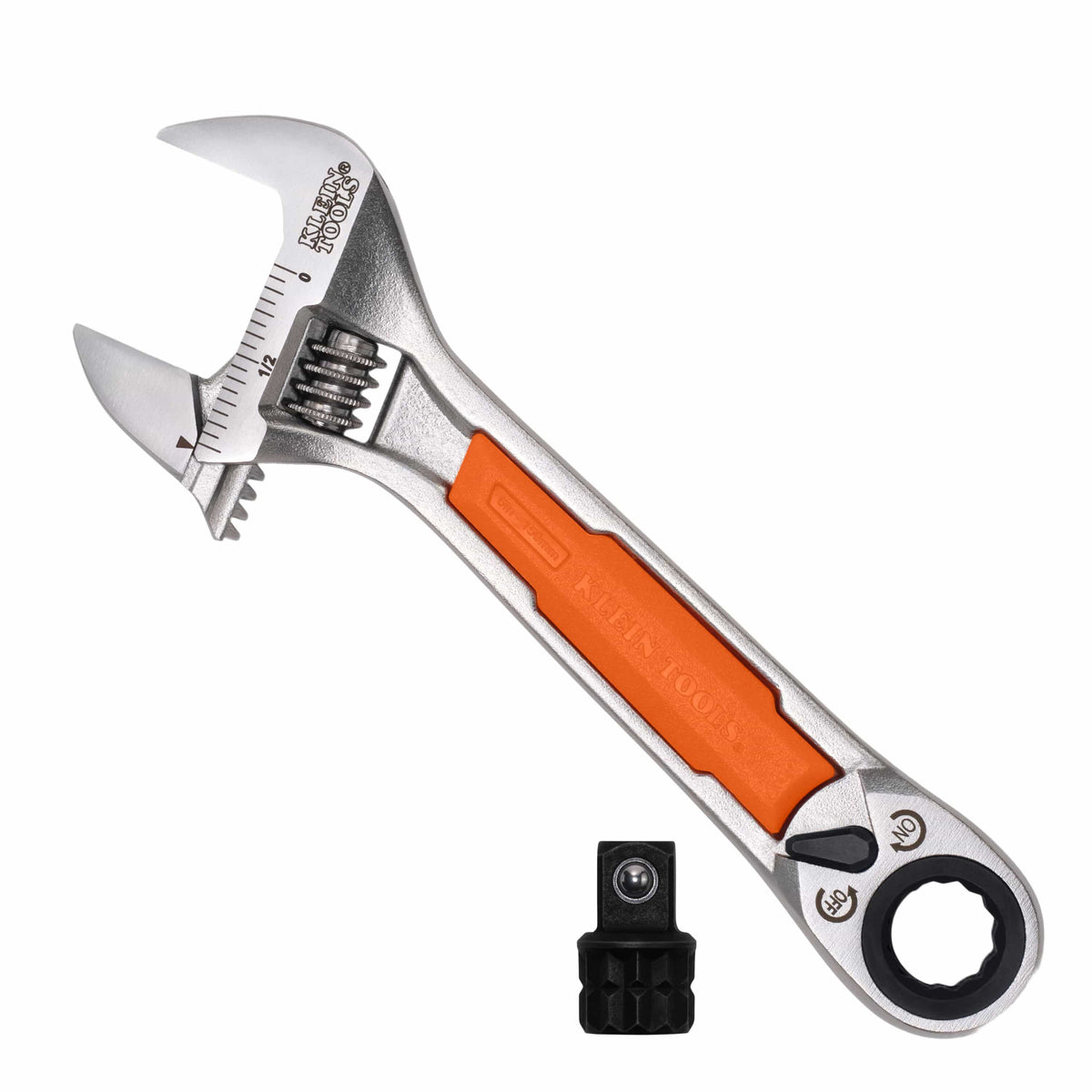 An adjustable wrench with a silver metal body, an orange handle grip, and a small black socket attachment below it, shown on a plain white background.