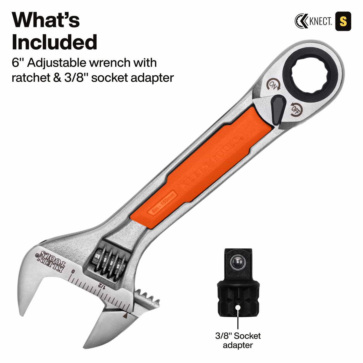 A 6-inch adjustable wrench with a bright orange handle grip and black socket head, shown on a white background with text reading 'What's Included' and a small inset of the 3/8-inch socket adapter.