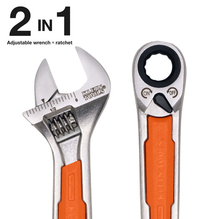 Two adjustable wrenches with orange and silver handles on a white background, with a large '2 IN 1' text overlay at the top left. One wrench is shown open and the other closed to demonstrate the ratchet head.