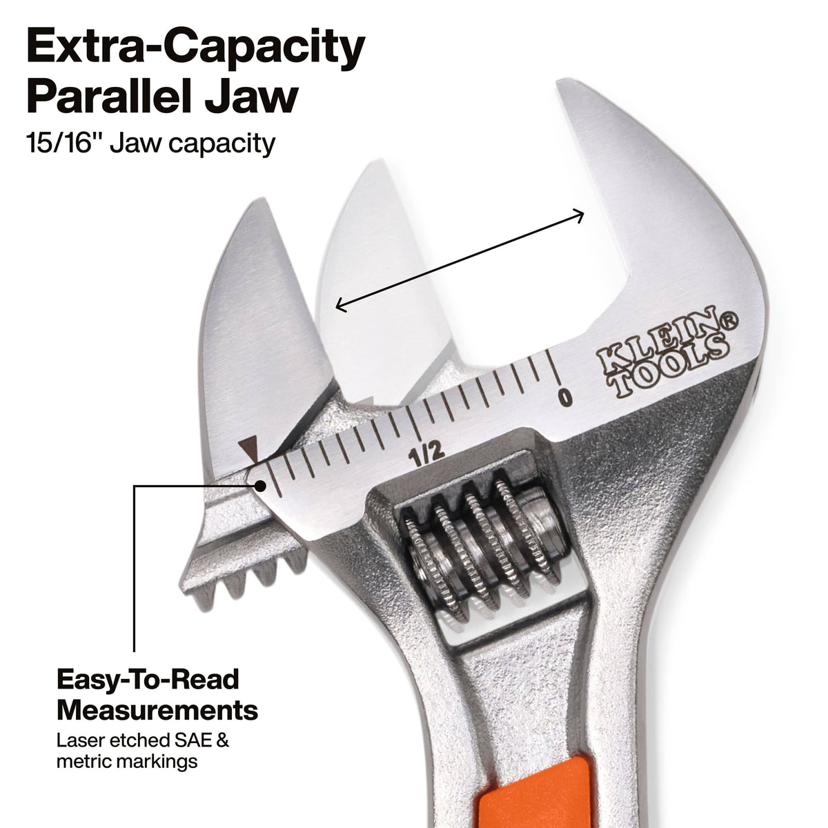 Klein Tools extra-capacity parallel jaw wrench shown on a white background with text callouts highlighting 15/16" jaw capacity and easy-to-read laser-etched measurements.